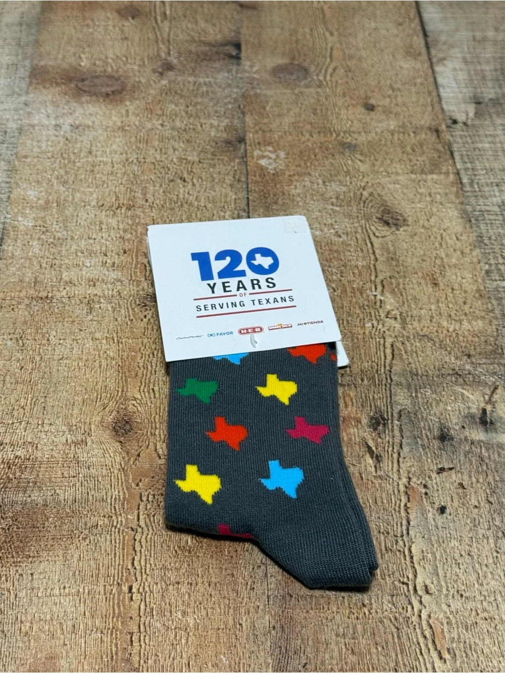 H-E-B HEB 120 Years Texas Shape Geometric Crew Socks Gray for adult. One size M